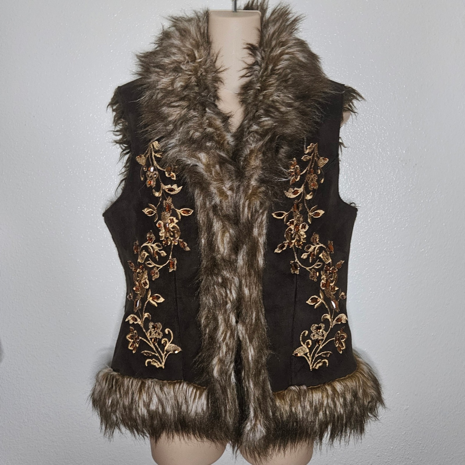 Inc International Concepts Faux Suede Fur Trim Embroidered Beaded Vest